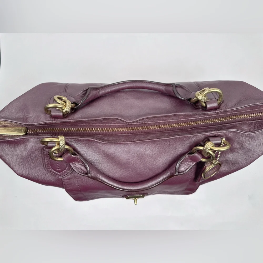 Coach Campbell Turnlock Leather Large Satchel Bag in Pearlized Plum/Brass
